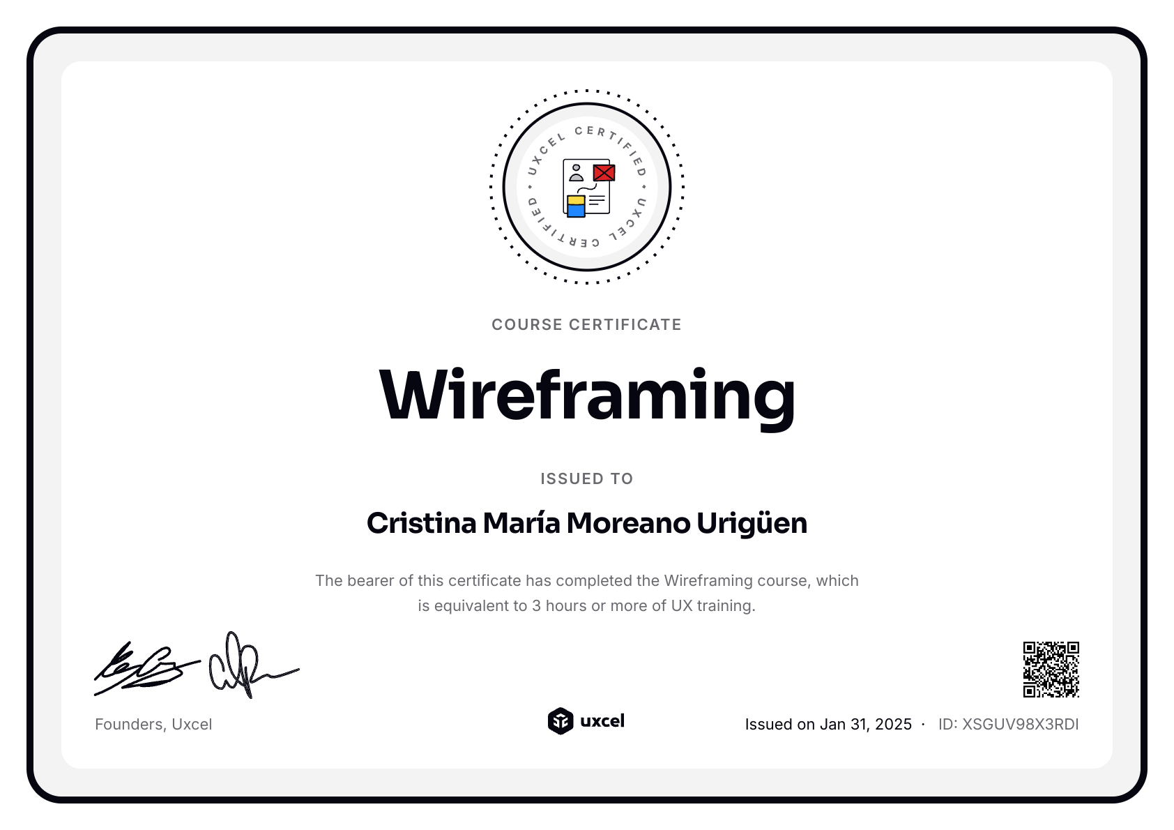 Cristina María Moreano Urigüen's certificate